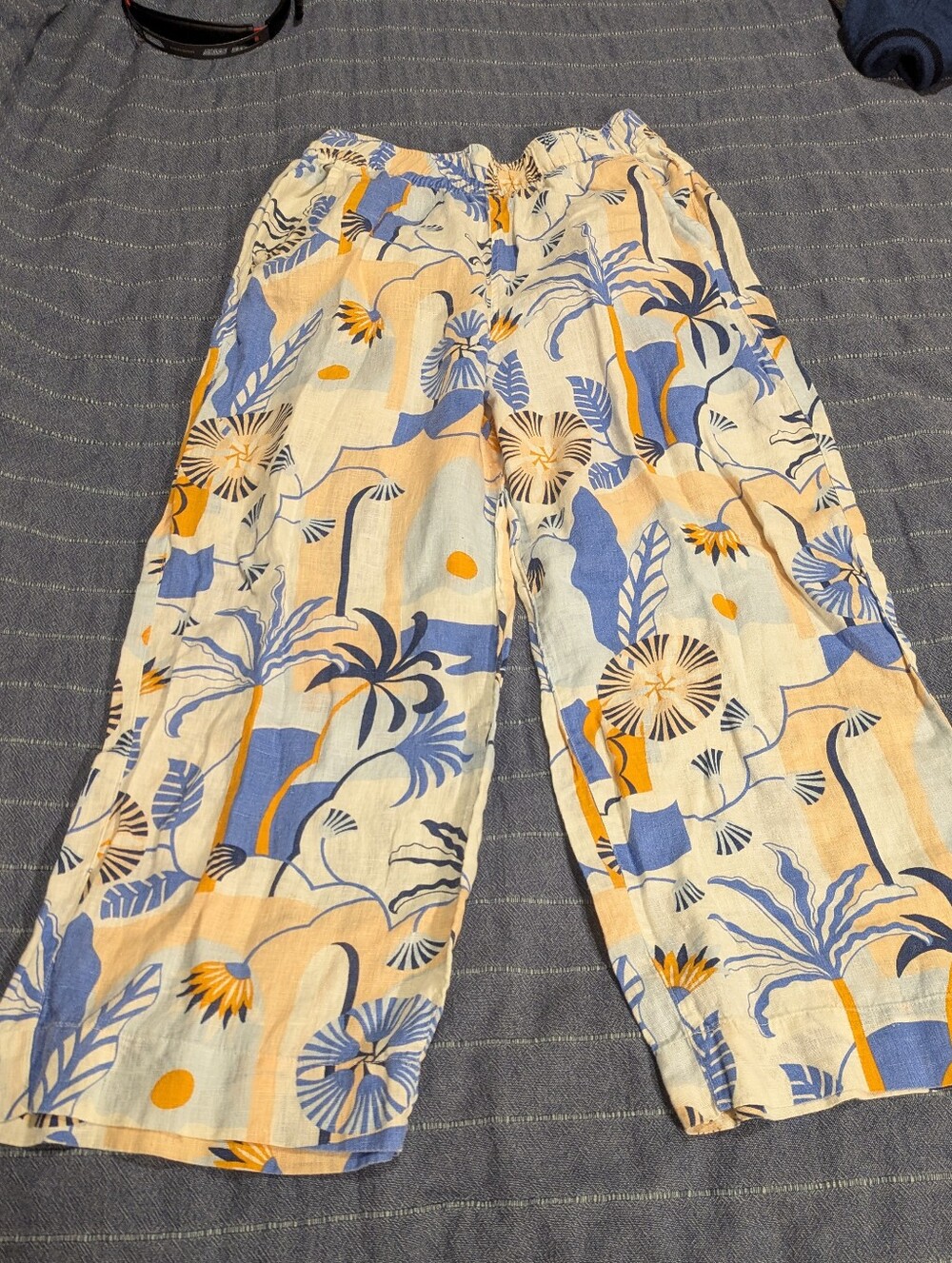 Nicole Miller Floral Cropped Wide-Leg Pants in Blue, Cream & Yellow, M